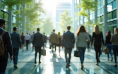 The concept of sustainability in business centers, crowds of business people walking at a corporate office in a green city downtown, abstract motion blur image with blurred background,. High quality