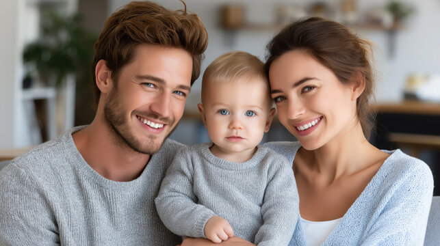 Happy family portrait with smiling couple and their baby, showcasing love and joy in cozy home environment