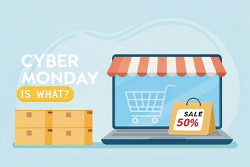 Illustration of laptop with shopping cart and Cyber Monday text