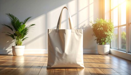 Minimalist Tote Bag Mockup in Bright Interior with Plants.
