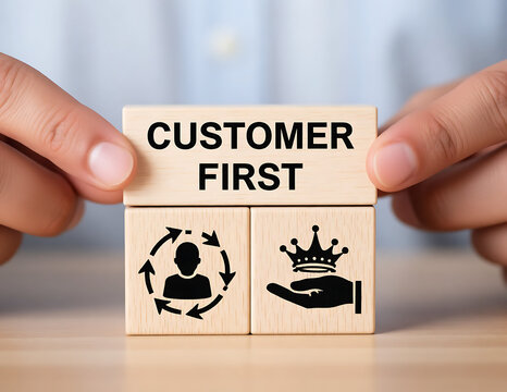 CUSTOMER FIRST. Client centricity business orientation. Customer first concept. VIP client servcie. Customer relationship management