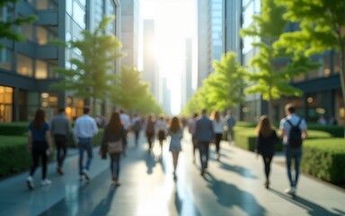 Sustainability in business center concept, business people crowd walking at corporate office in green city downtown, Abstract motion blur image, blurred background, Generative AI. High quality