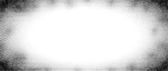Halftone gradient texture. Grunge dot noise zoom effect pattern wallpaper. Fading radial dotted frame background. Cartoon pop art border overlay texure. Vector comic grainy halfton patern backdrop © vika_k