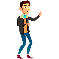 Concerned Young Man With Dark Hair Wearing A Black Jacket And Blue Jeans And Burgundy Shoes Expressing Surprise With Open Mouth And Raised Hand With Transparent Background