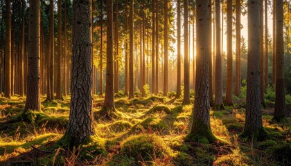 Sunlight Streams Through Forest Trees Creating Golden Rays Over Mossy Ground With Visible Air Particles and Long Shadows