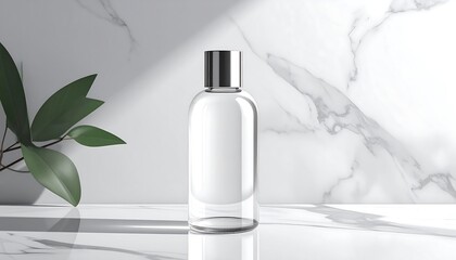 Elegant Clear Bottle Mockup on Marble Surface with Plant.