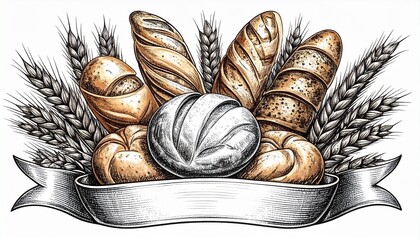 Assortment of Freshly Baked Breads and Wheat Ears with Ribbon Banner.