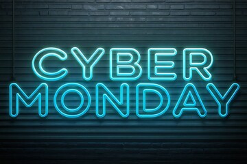 Neon Cyber Monday sign on a dark brick wall text glowing