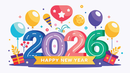 Happy new year 2026 celebration with festive balloons and gifts