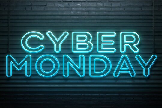 Neon Cyber Monday sign on a dark brick wall text glowing - Powered by Adobe