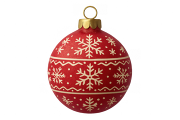 Red christmas ornament featuring white snowflake and wave patterns, creating a festive holiday decoration, transparent background