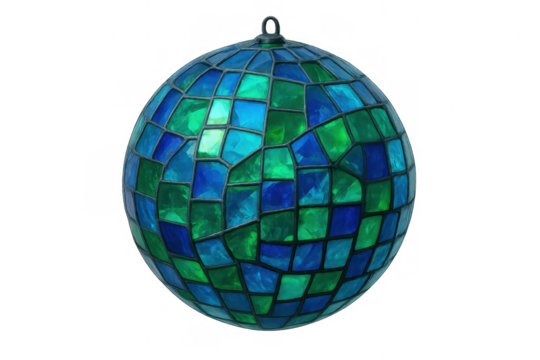 Stained glass globe ornament featuring blue and green mosaic patterns on a transparent background