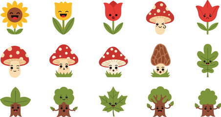 Cute flat plant emotes with flowers, mushrooms, leaves, and tiny tree spirits in minimal vector style
