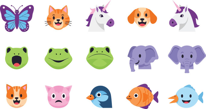 Cute flat hybrid animal emotes with cat-butterfly, dog-unicorn, frog-elephant, and bird-fish in minimal vector style