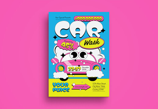Yellow Blue Retro Cartoon Carwash Flyer Layout