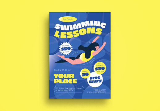 Blue Hand Draw Swimming Lessons Flyer Layout