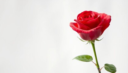 Fototapeta premium Single red rose, pristine white background, soft romantic bokeh, elegant, fresh