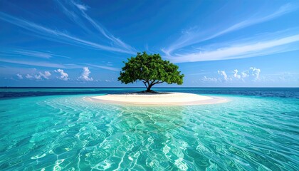 Fototapeta premium Solitary Tree On A Tiny Island In The Turquoise Ocean Under A Blue Sky With Wispy Clouds