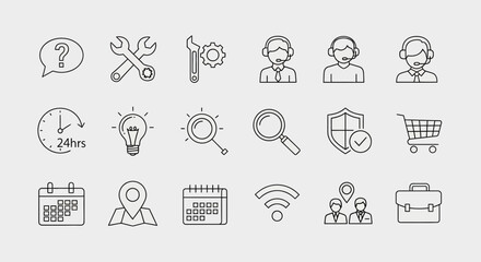 Outline Vector Icon Set for Business Support, Customer Service and Communication
