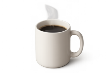 Hot steaming black coffee or tea in a white ceramic mug, enjoying a morning beverage, transparent background