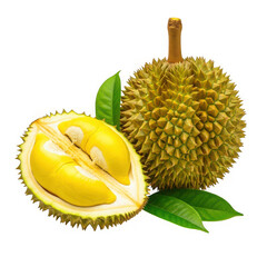 Durian fruit with green leaves isolated on transparent background