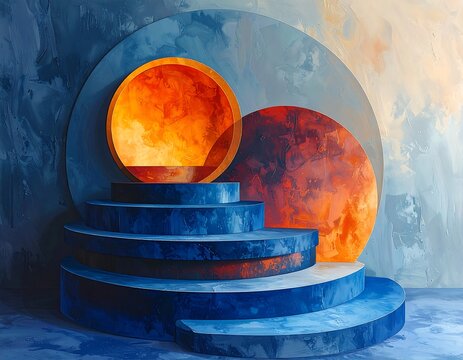 An abstract design showcases tiered platforms and a vibrant orange sphere, with complementary colors in a layered background