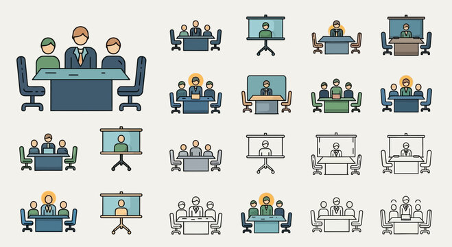 Line icons illustrating diverse business meetings, both in-person and virtual conferencing