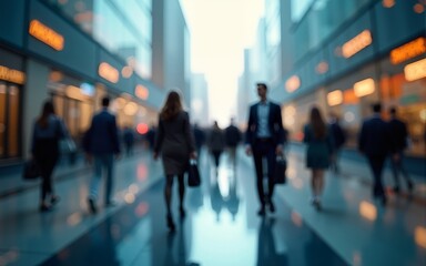abstract motion blur image of business people crowd walking at corporate office in city downtown, blurred background, business center concept, Cinematic color tone. High quality