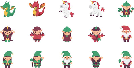 Fototapeta premium Adorable flat mythical creature emotes with dragons, unicorns, and gnomes in minimal two-color vector style