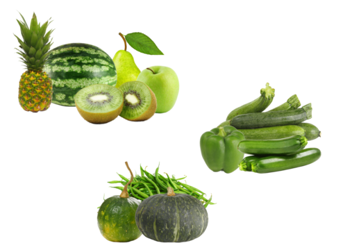 diverse selection of fresh green fruits and vegetables including zucchini, bell pepper, kiwi, pineapple, watermelon, pear, apple, green beans, and winter squash, isolated on black.