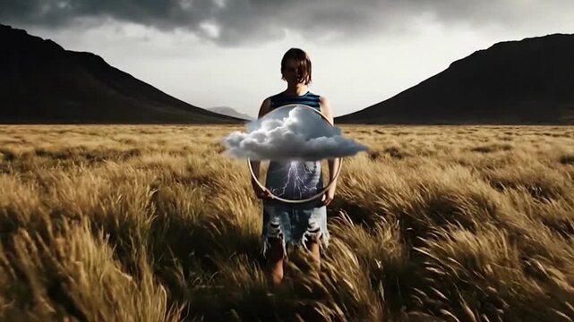 Person holding a glowing cloud in a vast golden field with mountains under a dramatic sky.