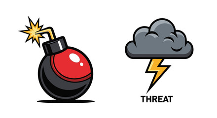 Cartoon Bomb and Storm Cloud Icon Set Representing Danger or Warning Scenarios