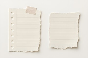 Fototapeta premium Set of Torn Lined Note Paper Pieces with Tape, Isolated on White Background