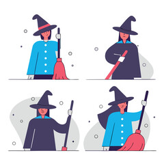 Cute Witch Character with Hat and Broom Simplified Art