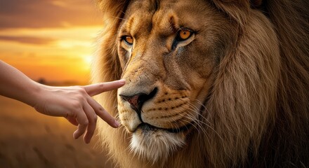 Human hand gently touches the nose of a majestic male lion against a dramatic sunset backdrop