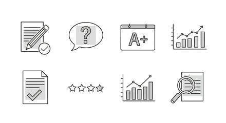Set of vector line icons representing assessment performance and learning evaluation