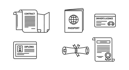 Minimalist line art of essential documents and identification for personal use