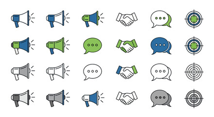 Collection of business related icons representing marketing, communication, and deal making