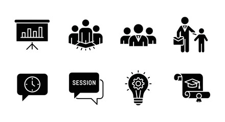Business strategy and education icons vector set, featuring growth, teamwork, and learning
