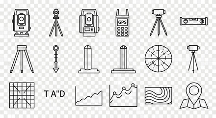Surveying equipment line icons collection, outline vector signs, linear symbols set