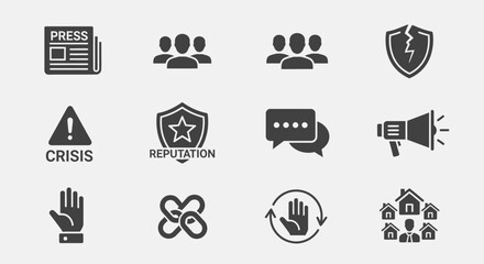 Conceptual icon set depicting reputation, crisis, communication and protection related to media
