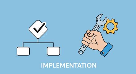 Implementation workflow with flowchart and repair process by hand with wrench and gear