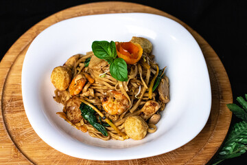 Zoom-In Detailed Fried Noodle Seafood Kwetiau Goreng Indonesian Food