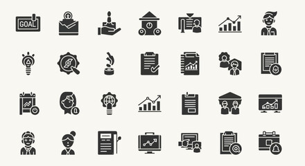 Collection of business, management and strategy concept icons presenting various business strategies