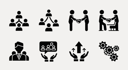 Collection of business and teamwork icons representing collaboration and organization