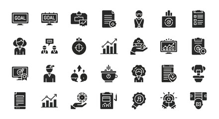 Set of glyph icons representing business goals, planning, performance and teamwork