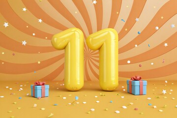 Yellow Number 11 Balloons With Gifts And Confetti eleven