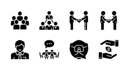 Set of business icons representing teamwork, meeting, communication and cooperation