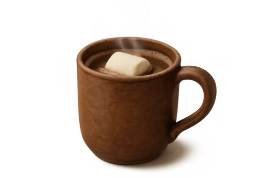 Warm hot cocoa beverage with a single marshmallow and steam rising from a rustic ceramic mug, perfect comfort drink