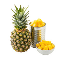 Pineapple with canned and bowl of chunks isolated on transparent background